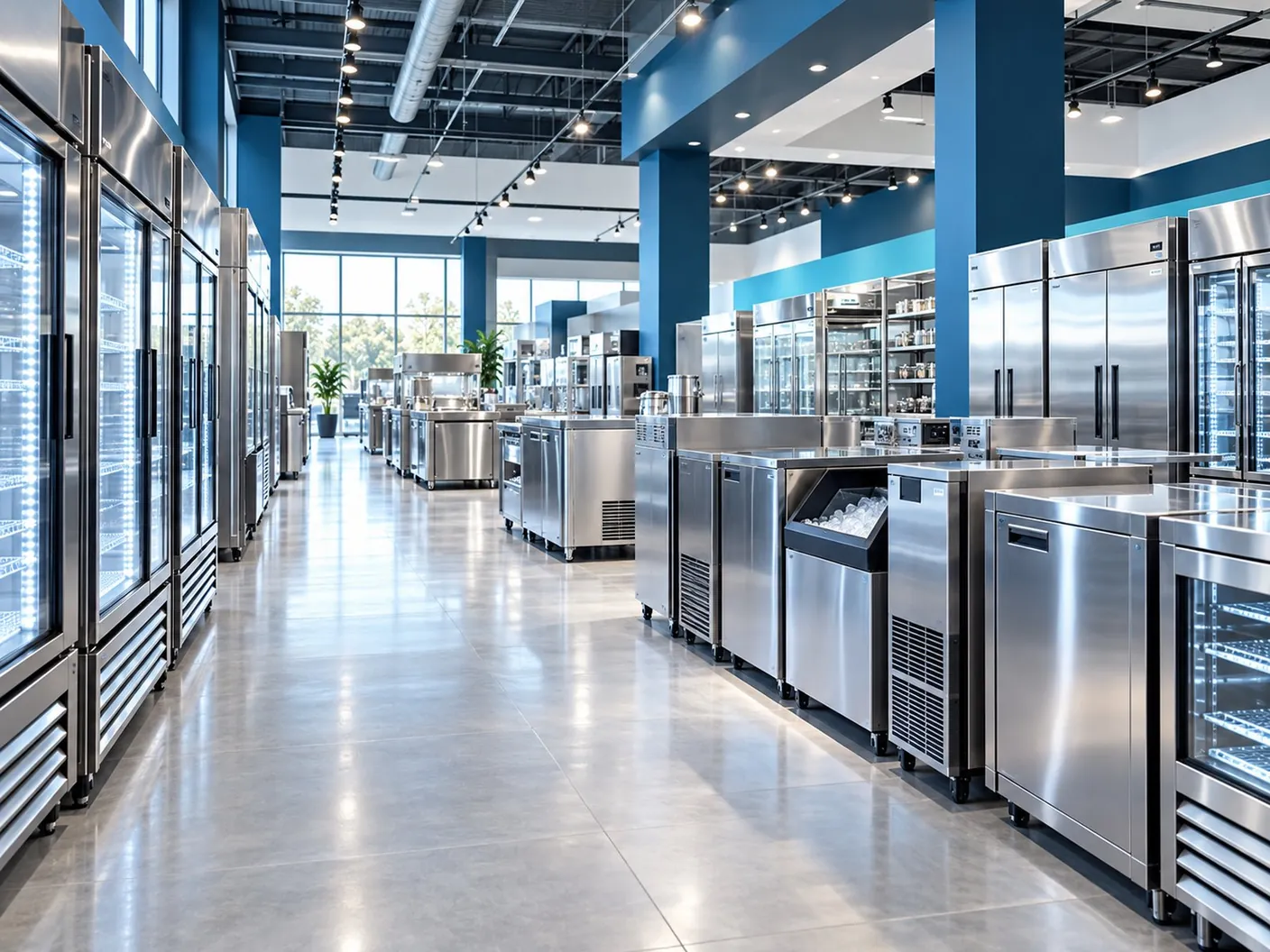 Cam kapılı soğutucu dolapların sergilendiği aydınlık showroom